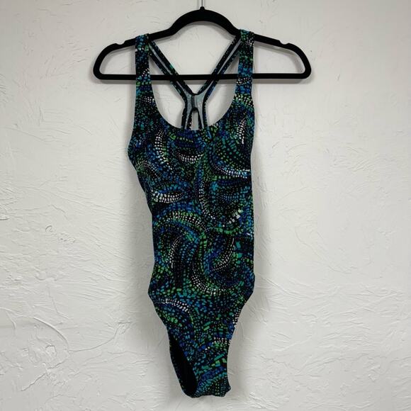 Speedo Blue & Green Spotted One Piece Swimsuit Womens 12 Modest Swim Vacation - Picture 1 of 7